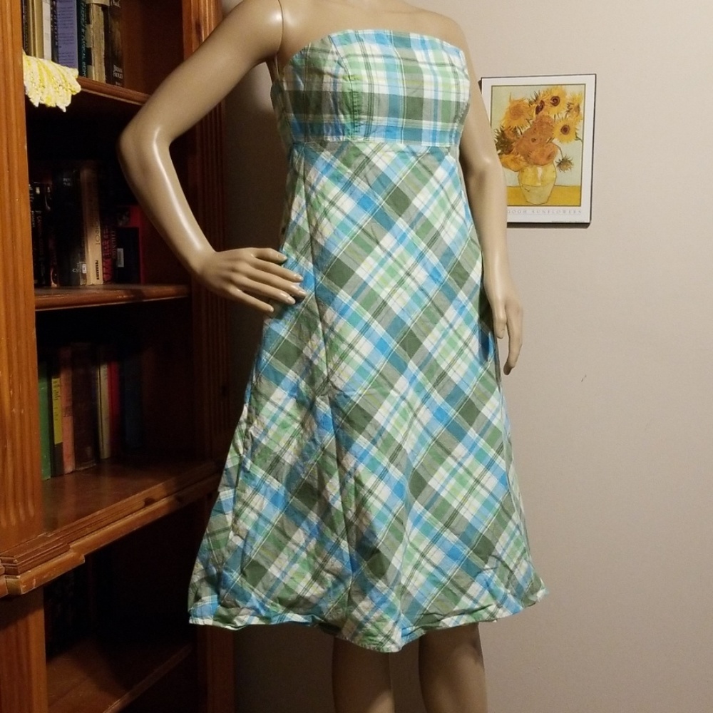 GAP Strapless Dress - Blue and Green Plaid